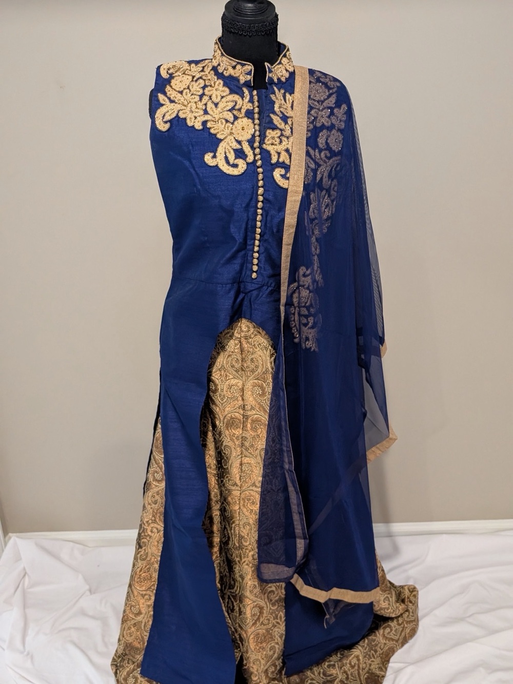 Elegant Navy Blue and Gold Embroidered Long Indian Lehenga